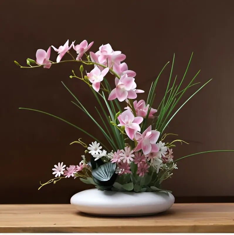 Porcelain Bird Sculpture with Artificial Orchid Bloom – Tabletop Ornament for Home & Office | Thomler