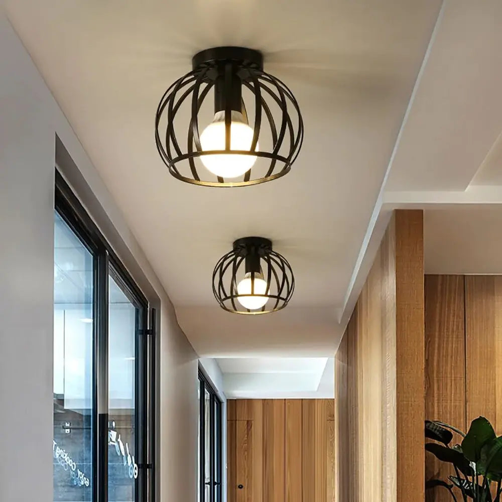 Open Cage Flush Mount Light – Industrial Metal Ceiling Fixture for Hallways & Bedrooms | Thomler