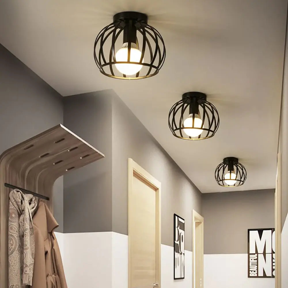 Open Cage Flush Mount Light – Industrial Metal Ceiling Fixture for Hallways & Bedrooms | Thomler