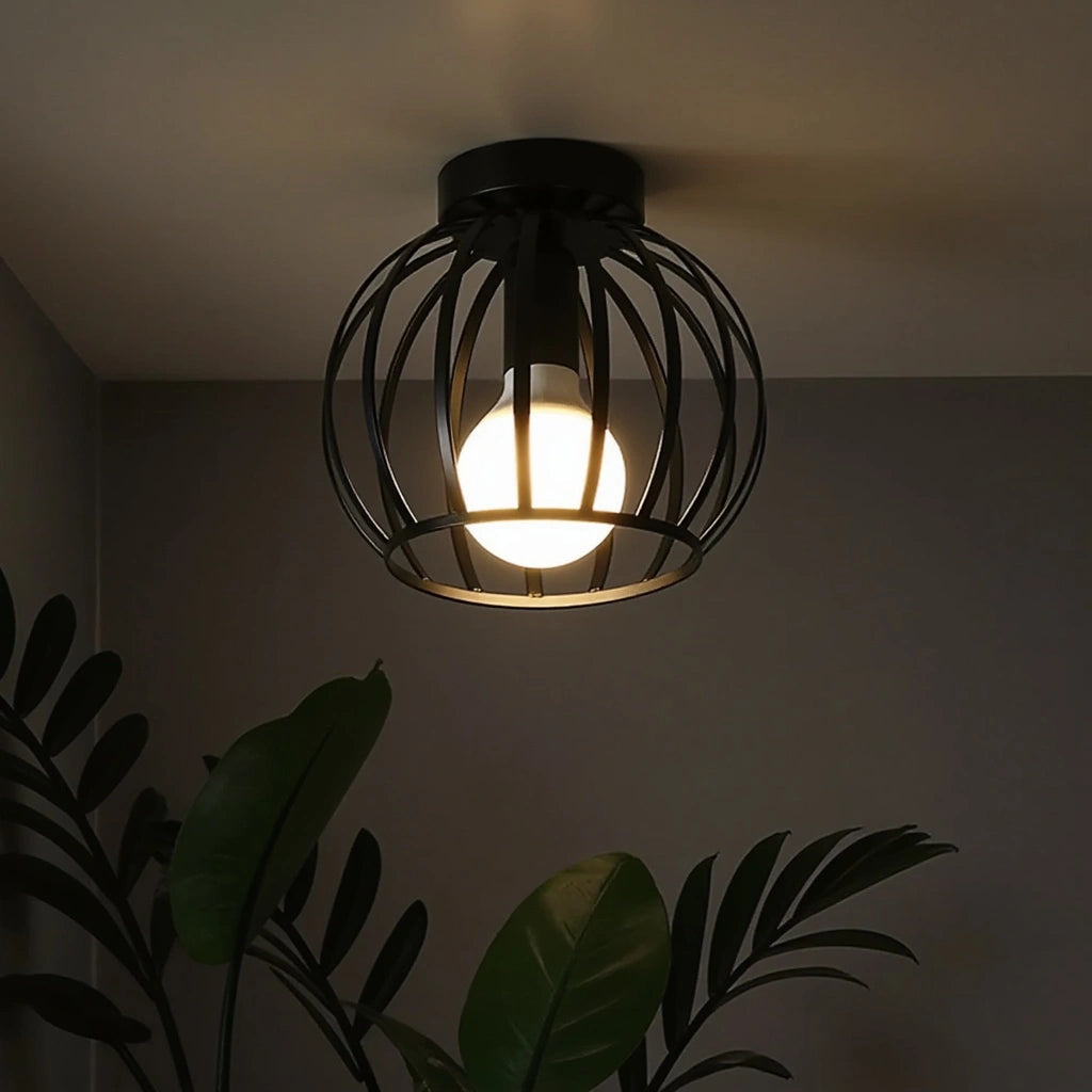 Open Cage Flush Mount Light – Industrial Metal Ceiling Fixture for Hallways & Bedrooms | Thomler