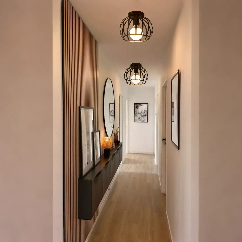 Open Cage Flush Mount Light – Industrial Metal Ceiling Fixture for Hallways & Bedrooms | Thomler