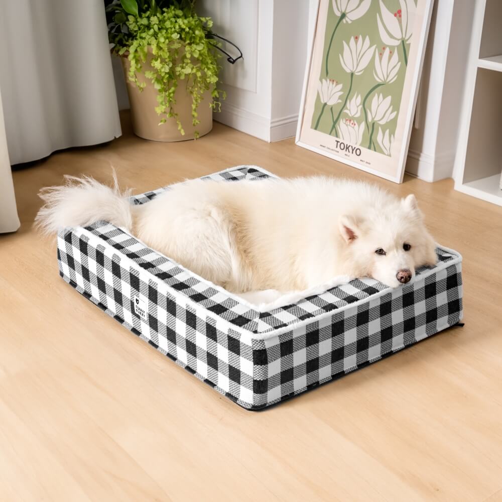 Plaid Raised-Edge Dog Bed with Memory Foam Bolster Support for Calming Sleep | Small to Extra Large Sizes | Classic Checkered Pattern Pet | Thomler
