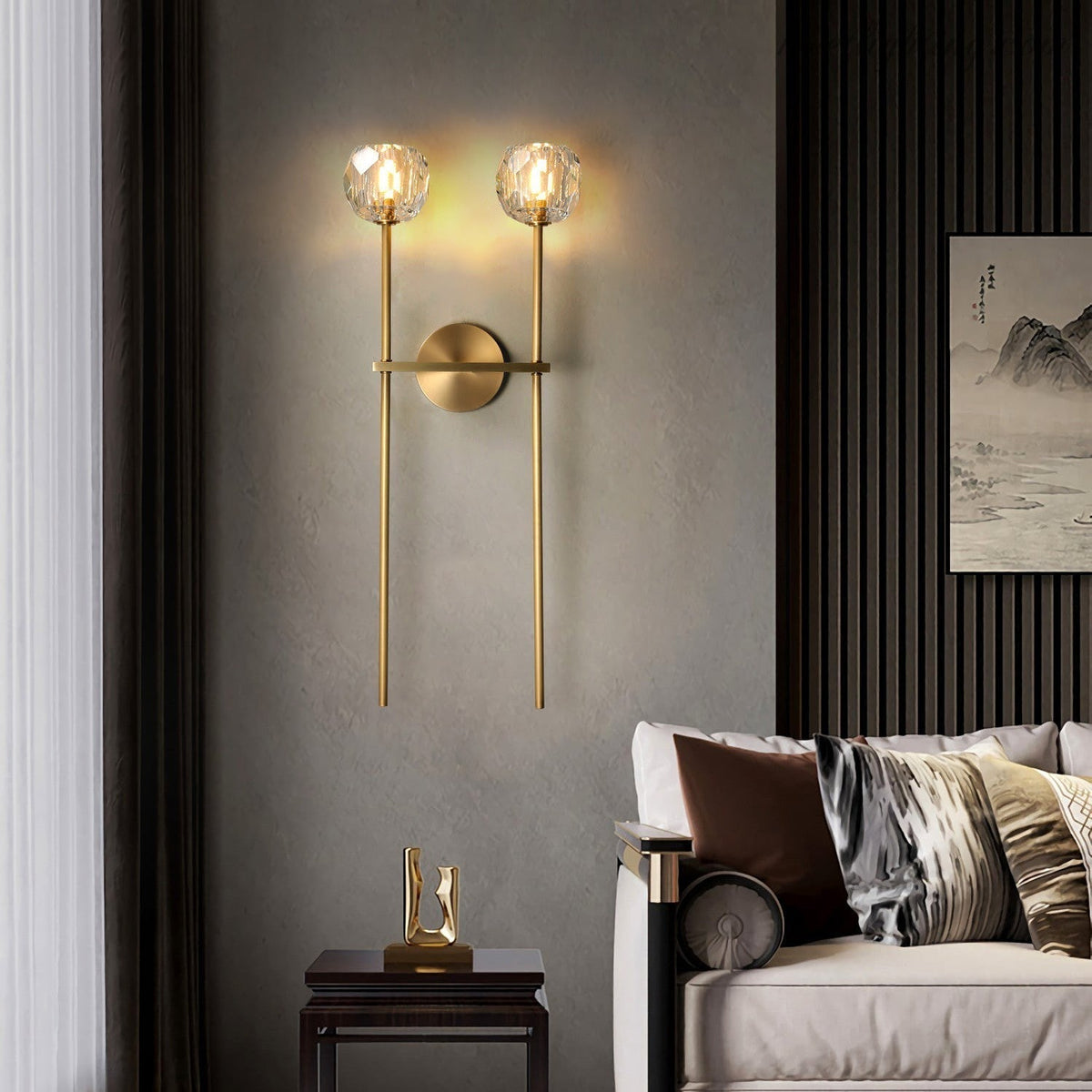 Crystal Globe Double Sconce Wall Light in Brass or Nickel – Two-Bulb Fixture for Living Room & Hallway | Thomler