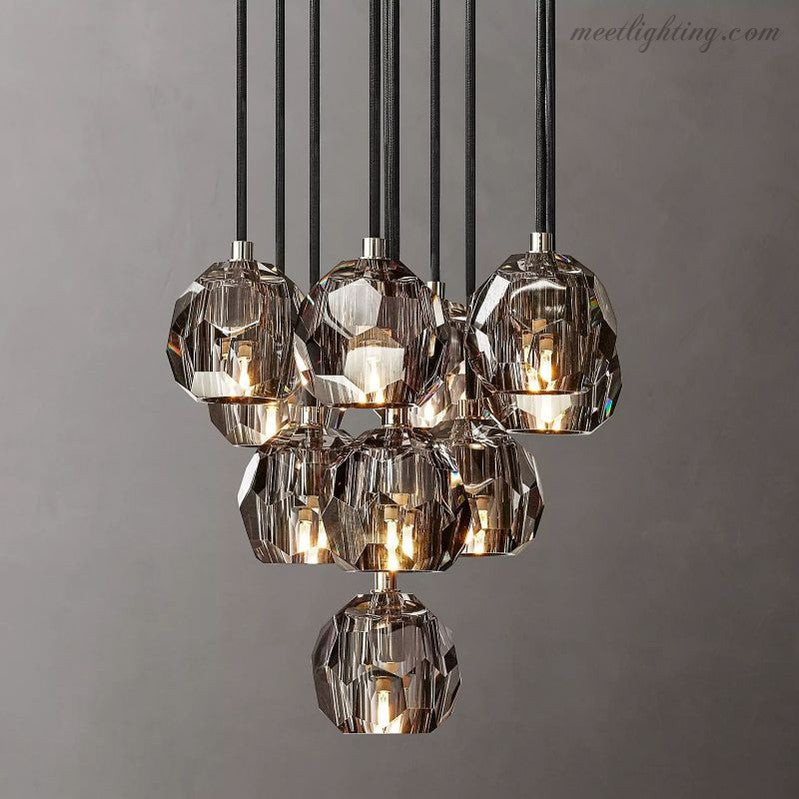 10-Light Crystal Globe Cluster Chandelier 14 Inch Dining Room Foyer Entryway Ceiling Fixture Adjustable Height Brass Nickel Black | Thomler