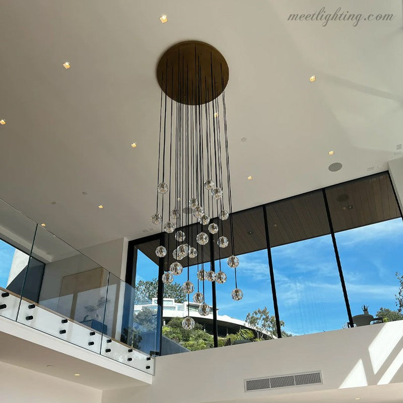 10-Light Crystal Globe Cluster Chandelier 14 Inch Dining Room Foyer Entryway Ceiling Fixture Adjustable Height Brass Nickel Black | Thomler
