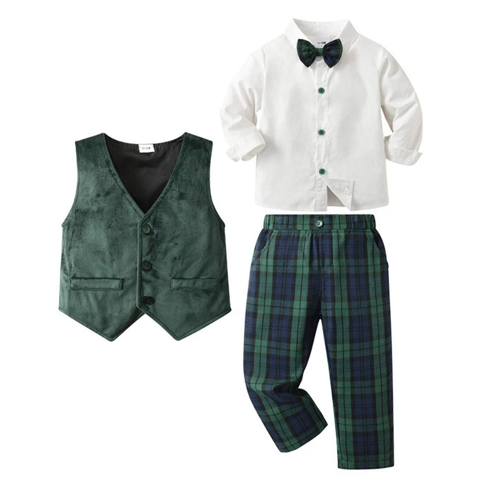 Boys Formal 3-Piece Suit Set with Shirt, Vest, Pants & Bow Tie for Weddings, Parties, Special Occasions | Toddler Kids Dress Outfit | Thomler