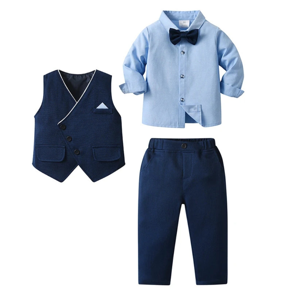 Boys Formal 3-Piece Suit Set with Shirt, Vest, Pants & Bow Tie for Weddings, Parties, Special Occasions | Toddler Kids Dress Outfit | Thomler