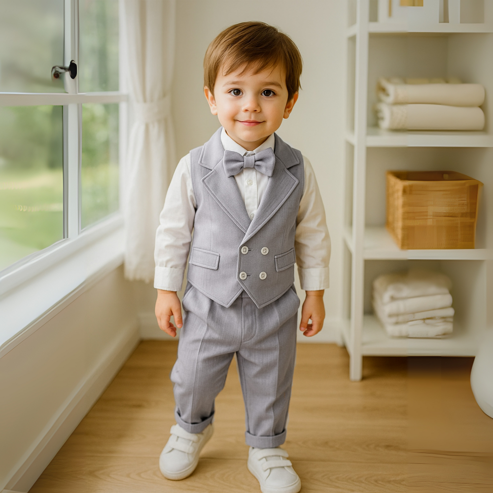 Boys Formal 3-Piece Suit Set with Shirt, Vest, Pants & Bow Tie for Weddings, Parties, Special Occasions | Toddler Kids Dress Outfit | Thomler