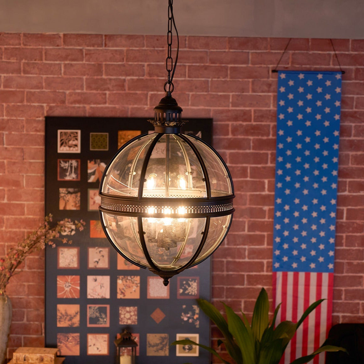 Pendant Light Glass Globe E12 Metal Frame Vintage Indoor Dining Room Hanging Ceiling Fixture | Thomler