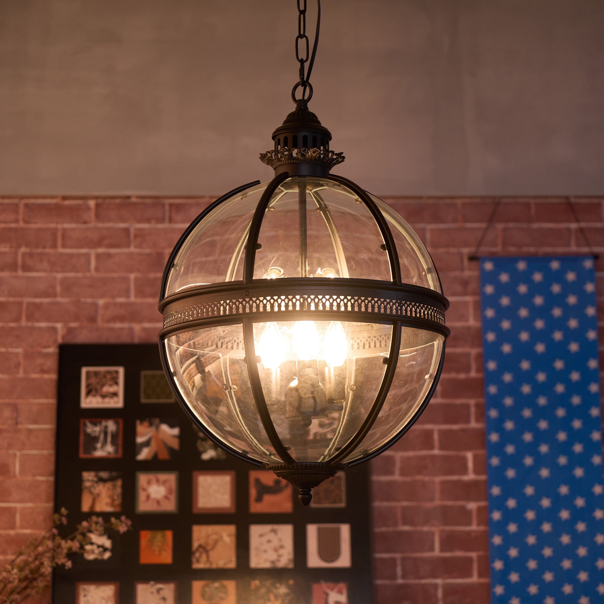 Pendant Light Glass Globe E12 Metal Frame Vintage Indoor Dining Room Hanging Ceiling Fixture | Thomler