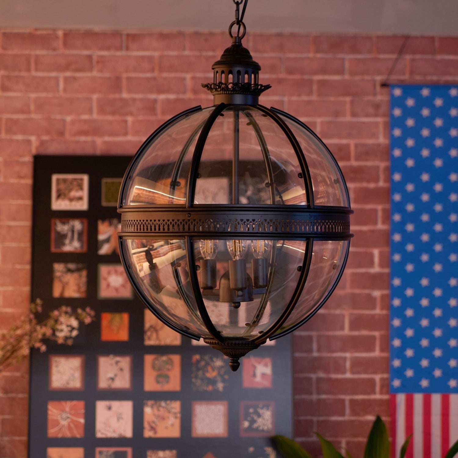 Pendant Light Glass Globe E12 Metal Frame Vintage Indoor Dining Room Hanging Ceiling Fixture | Thomler