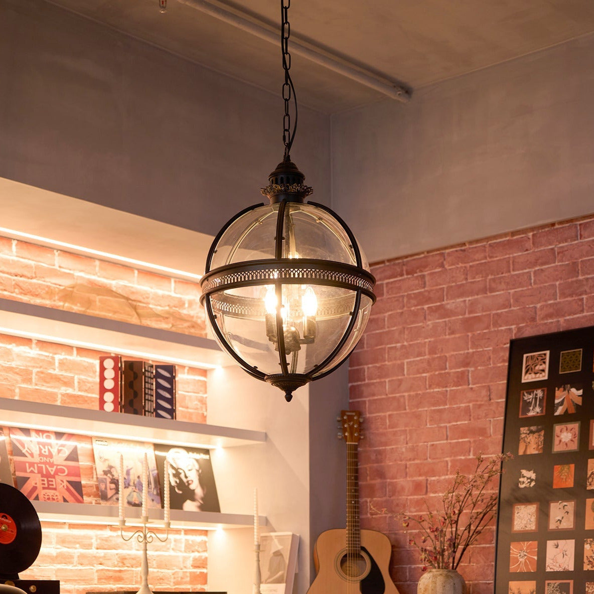 Pendant Light Glass Globe E12 Metal Frame Vintage Indoor Dining Room Hanging Ceiling Fixture | Thomler
