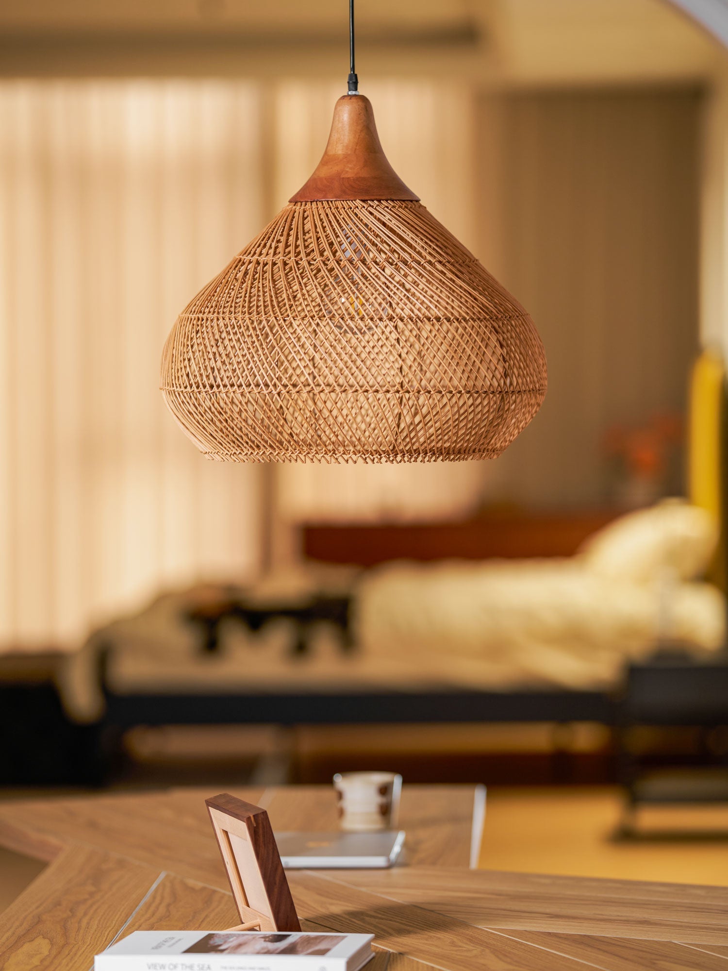 Pendant Light Rattan Braided 23.6 in Adjustable Dining Room Kitchen Island Hanging Ceiling Lamp Natural Woven Lighting Fixture | Thomler