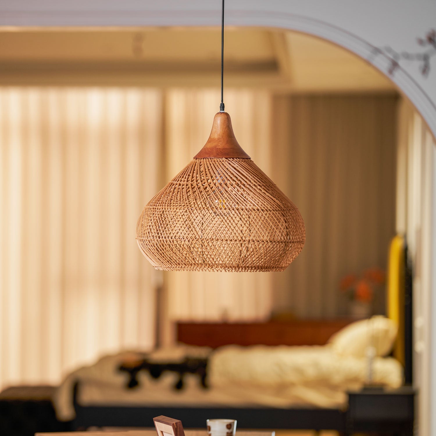Pendant Light Rattan Braided 23.6 in Adjustable Dining Room Kitchen Island Hanging Ceiling Lamp Natural Woven Lighting Fixture | Thomler