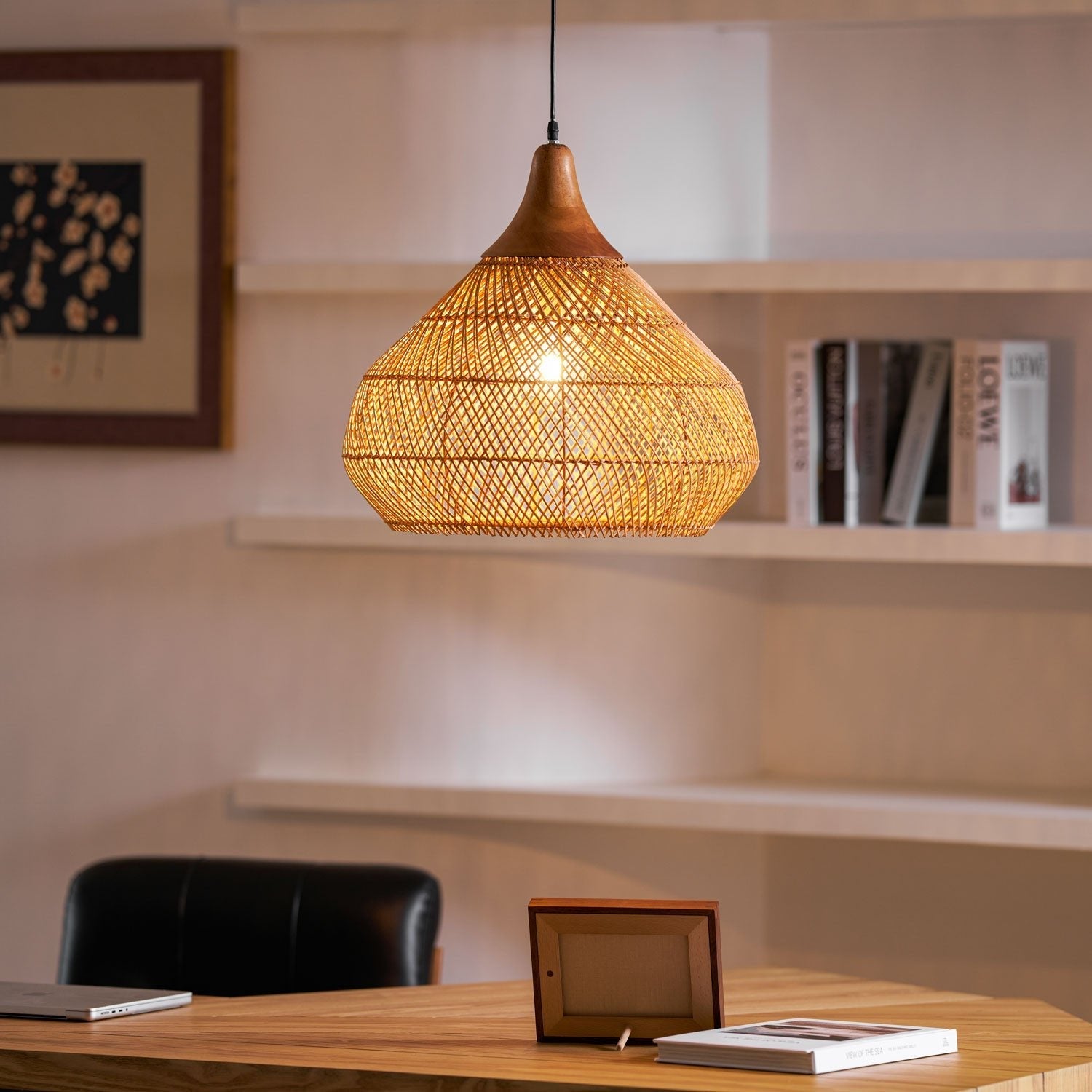 Pendant Light Rattan Braided 23.6 in Adjustable Dining Room Kitchen Island Hanging Ceiling Lamp Natural Woven Lighting Fixture | Thomler
