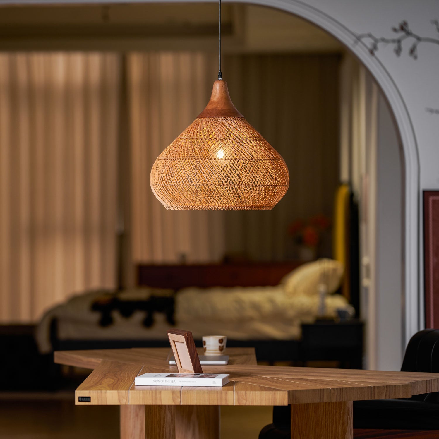 Pendant Light Rattan Braided 23.6 in Adjustable Dining Room Kitchen Island Hanging Ceiling Lamp Natural Woven Lighting Fixture | Thomler