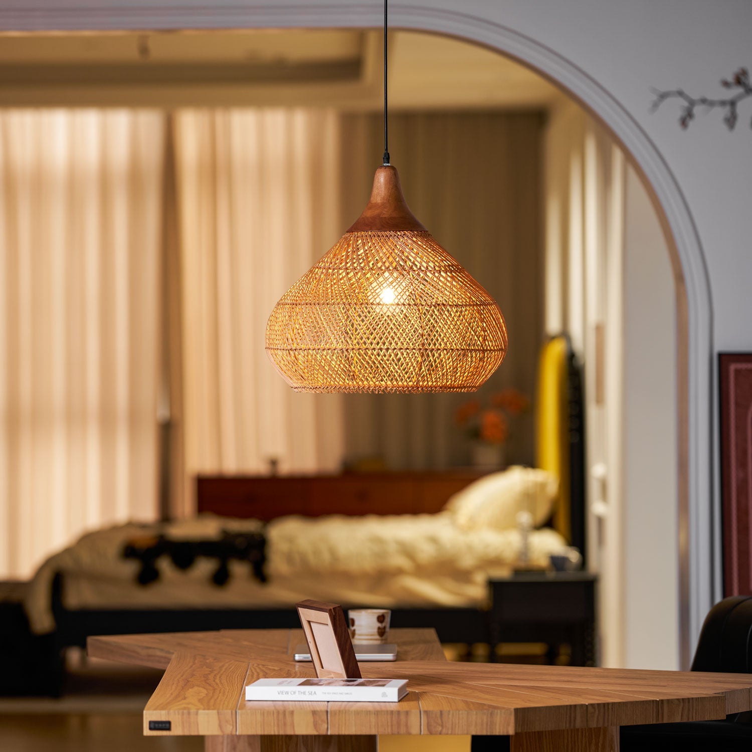 Pendant Light Rattan Braided 23.6 in Adjustable Dining Room Kitchen Island Hanging Ceiling Lamp Natural Woven Lighting Fixture | Thomler