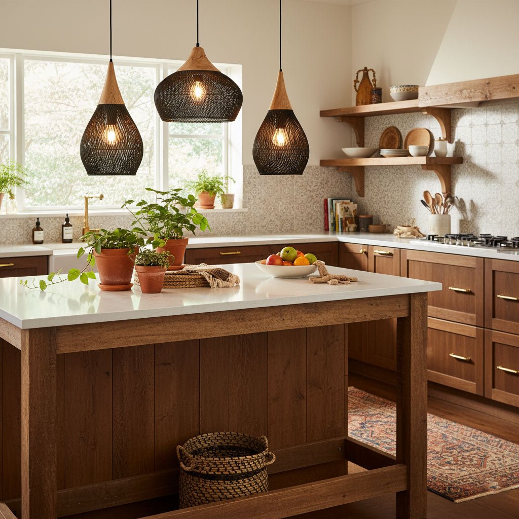 Pendant Light Rattan Braided 23.6 in Adjustable Dining Room Kitchen Island Hanging Ceiling Lamp Natural Woven Lighting Fixture | Thomler