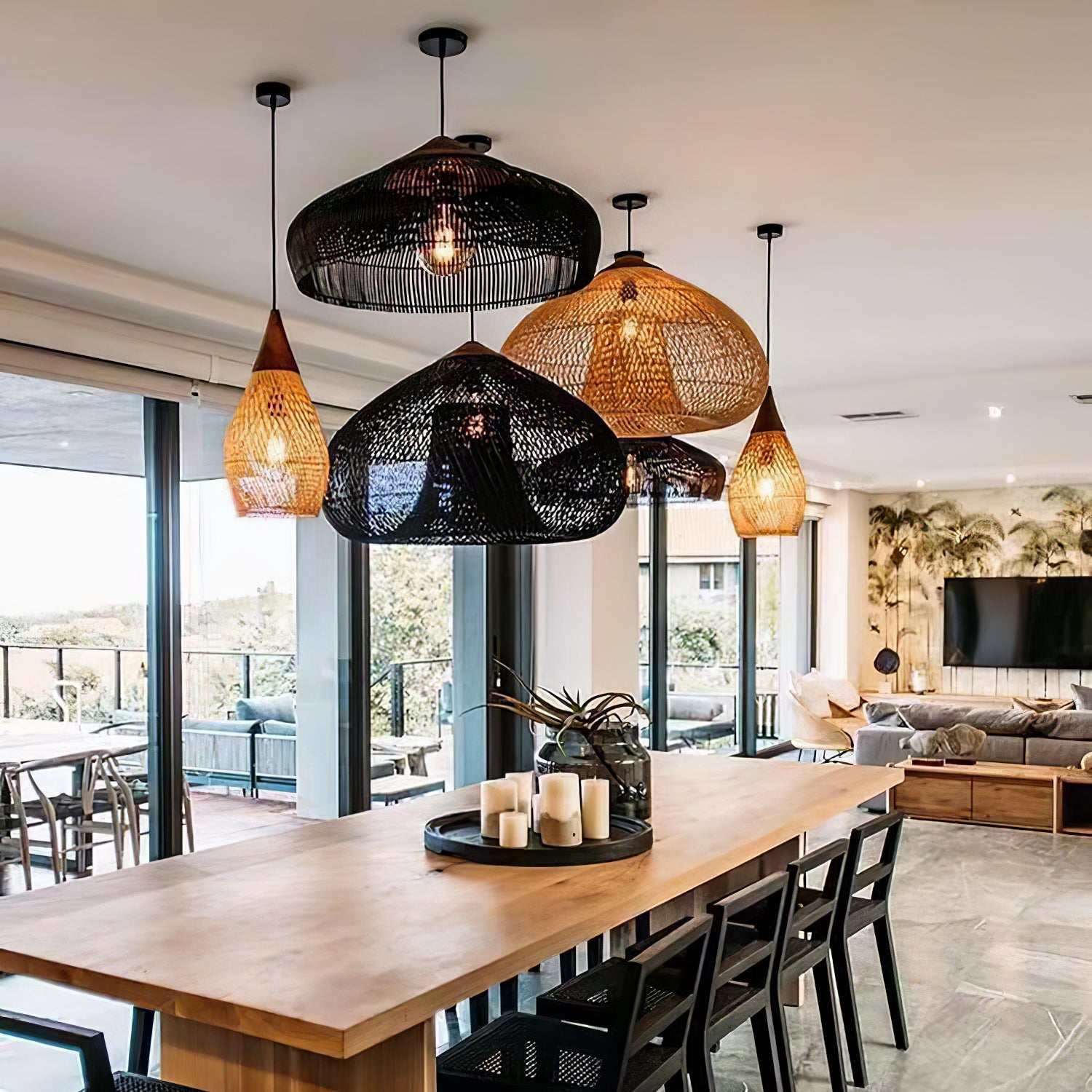 Pendant Light Rattan Braided 23.6 in Adjustable Dining Room Kitchen Island Hanging Ceiling Lamp Natural Woven Lighting Fixture | Thomler