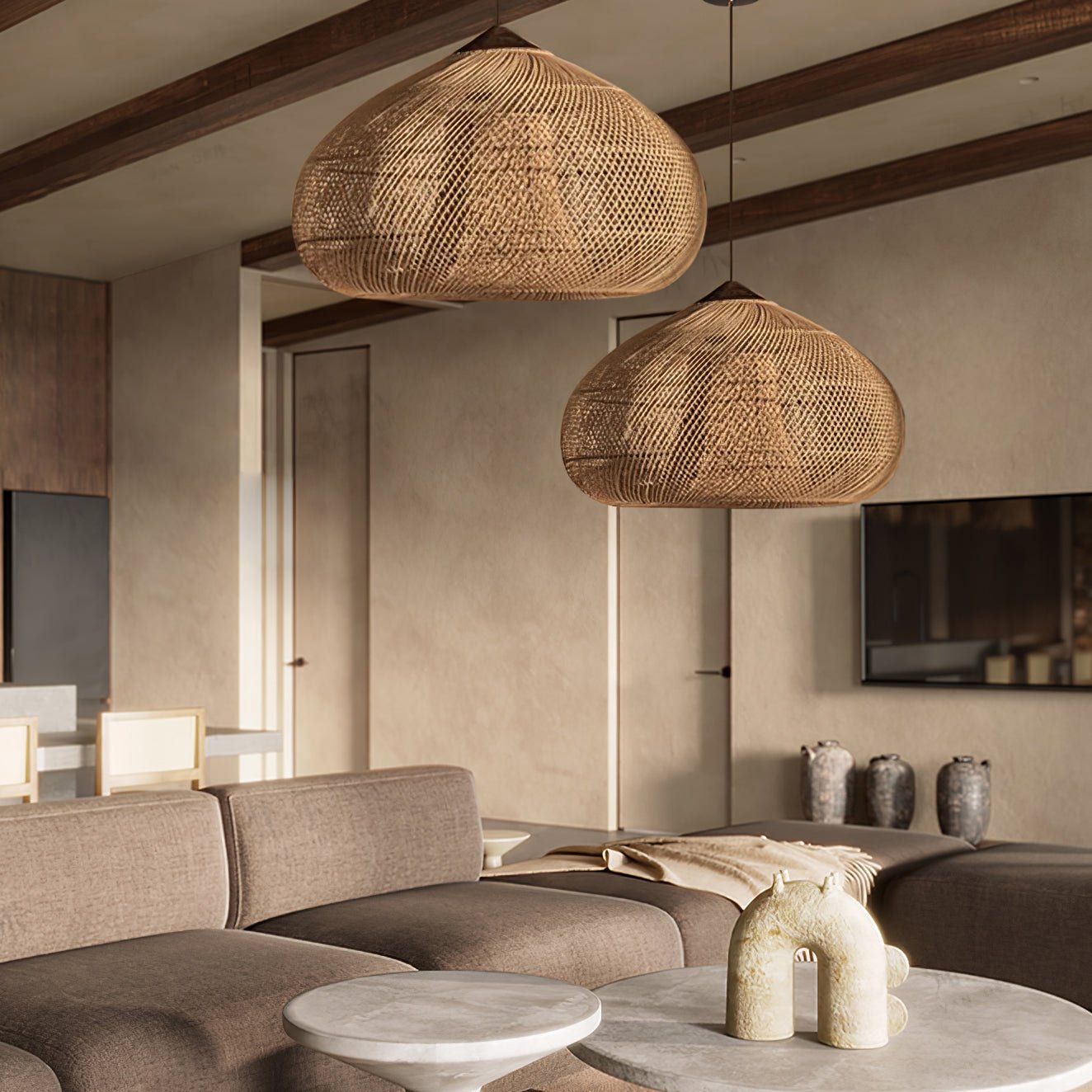 Pendant Light Rattan Braided 23.6 in Adjustable Dining Room Kitchen Island Hanging Ceiling Lamp Natural Woven Lighting Fixture | Thomler