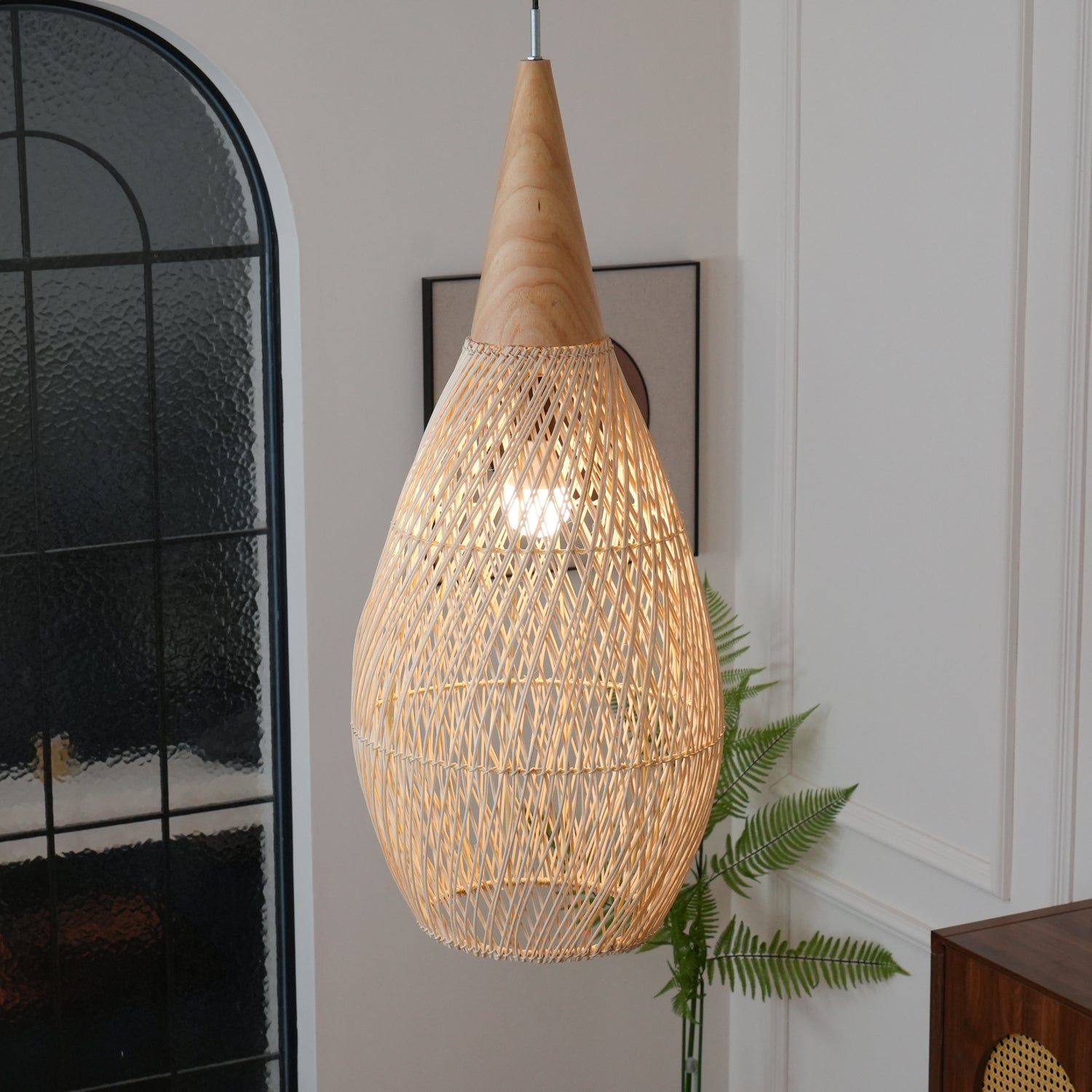 Pendant Light Rattan Braided 23.6 in Adjustable Dining Room Kitchen Island Hanging Ceiling Lamp Natural Woven Lighting Fixture | Thomler