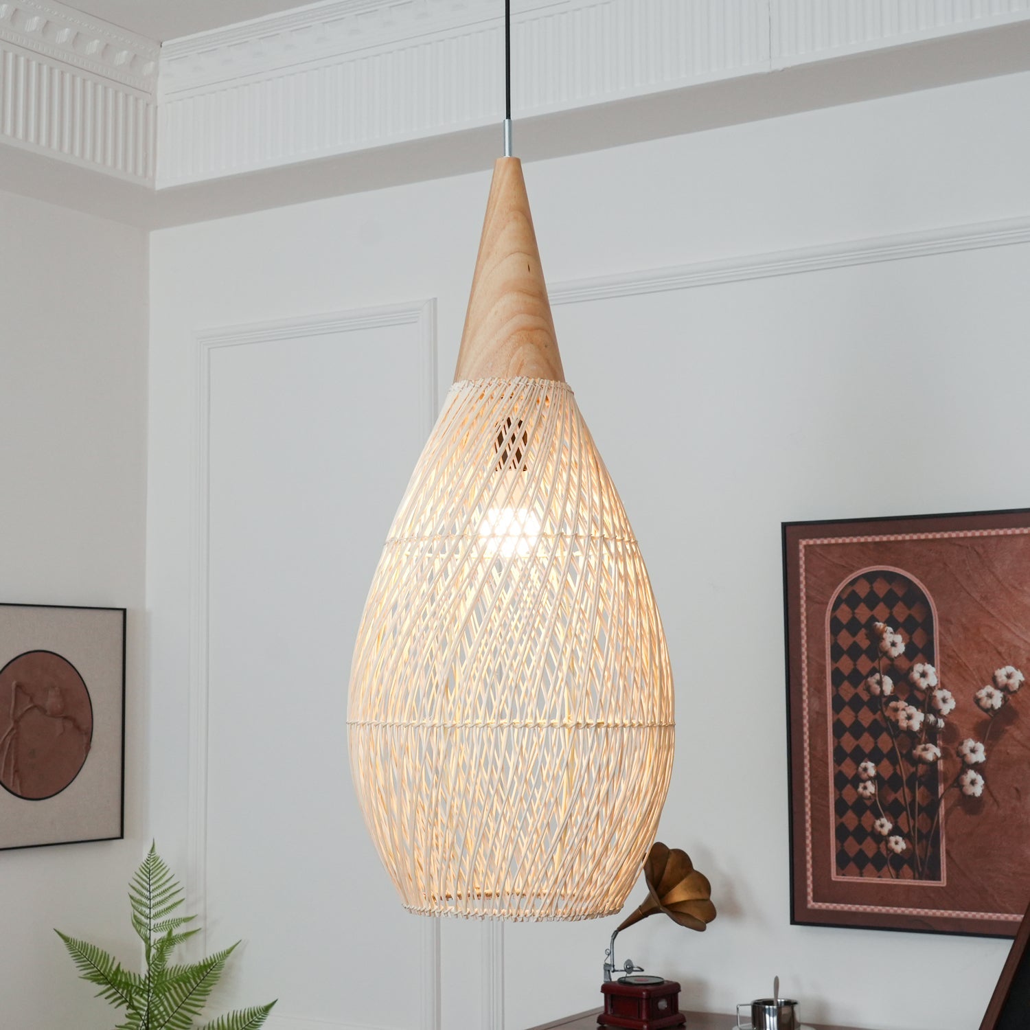 Pendant Light Rattan Braided 23.6 in Adjustable Dining Room Kitchen Island Hanging Ceiling Lamp Natural Woven Lighting Fixture | Thomler