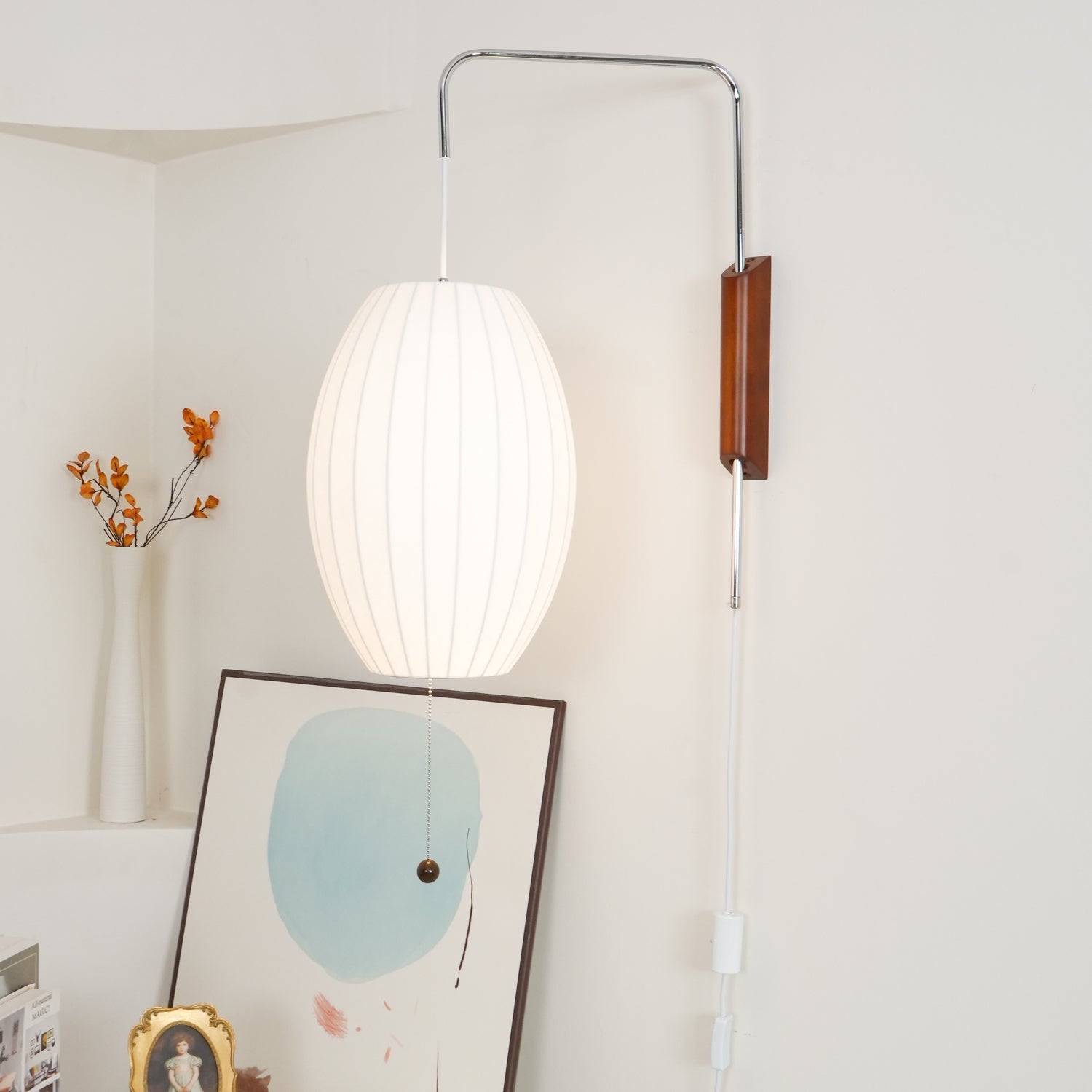 Wall Lamp Walnut Opal Shade 40.0 cm White Bedroom Living Room Plug In Reading Light Japandi Mid Century Accent Lighting | Thomler