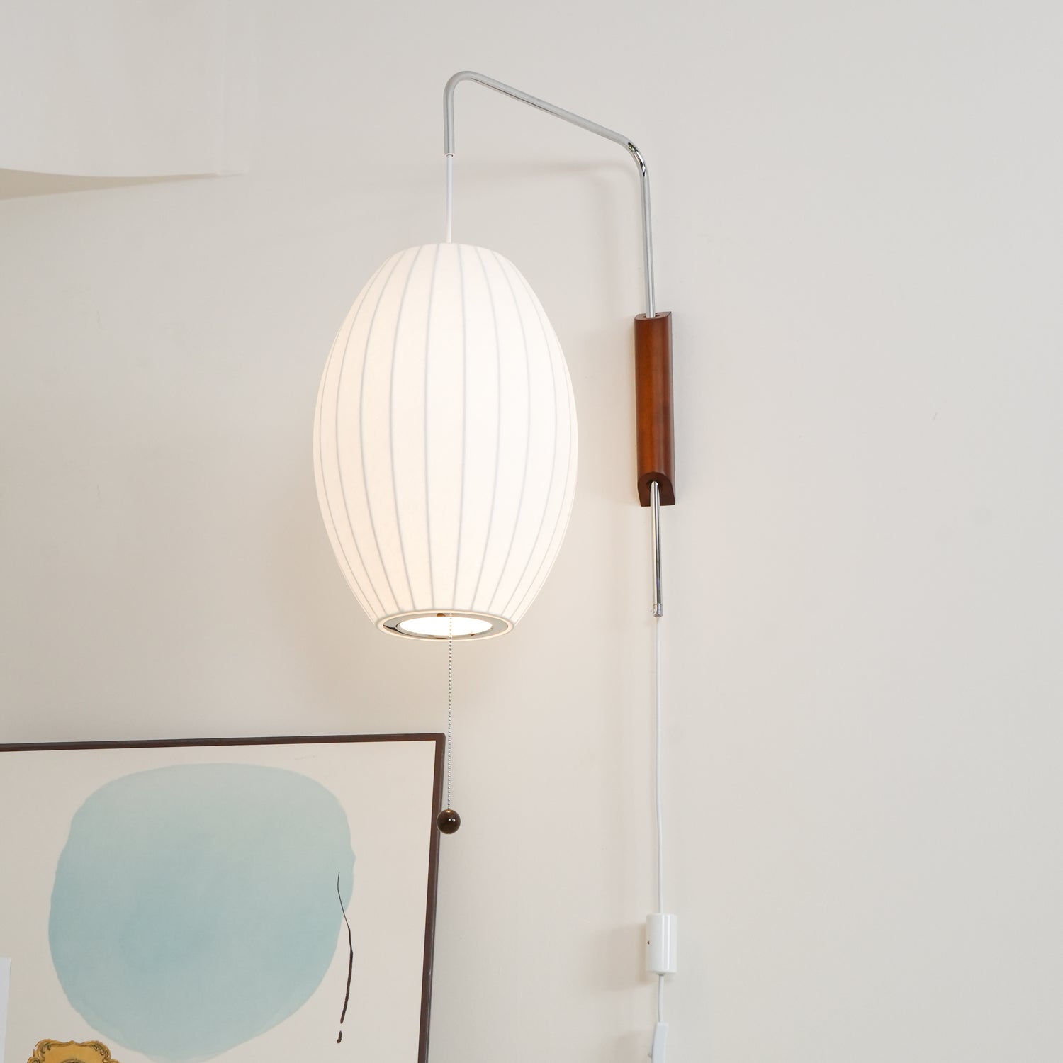 Wall Lamp Walnut Opal Shade 40.0 cm White Bedroom Living Room Plug In Reading Light Japandi Mid Century Accent Lighting | Thomler