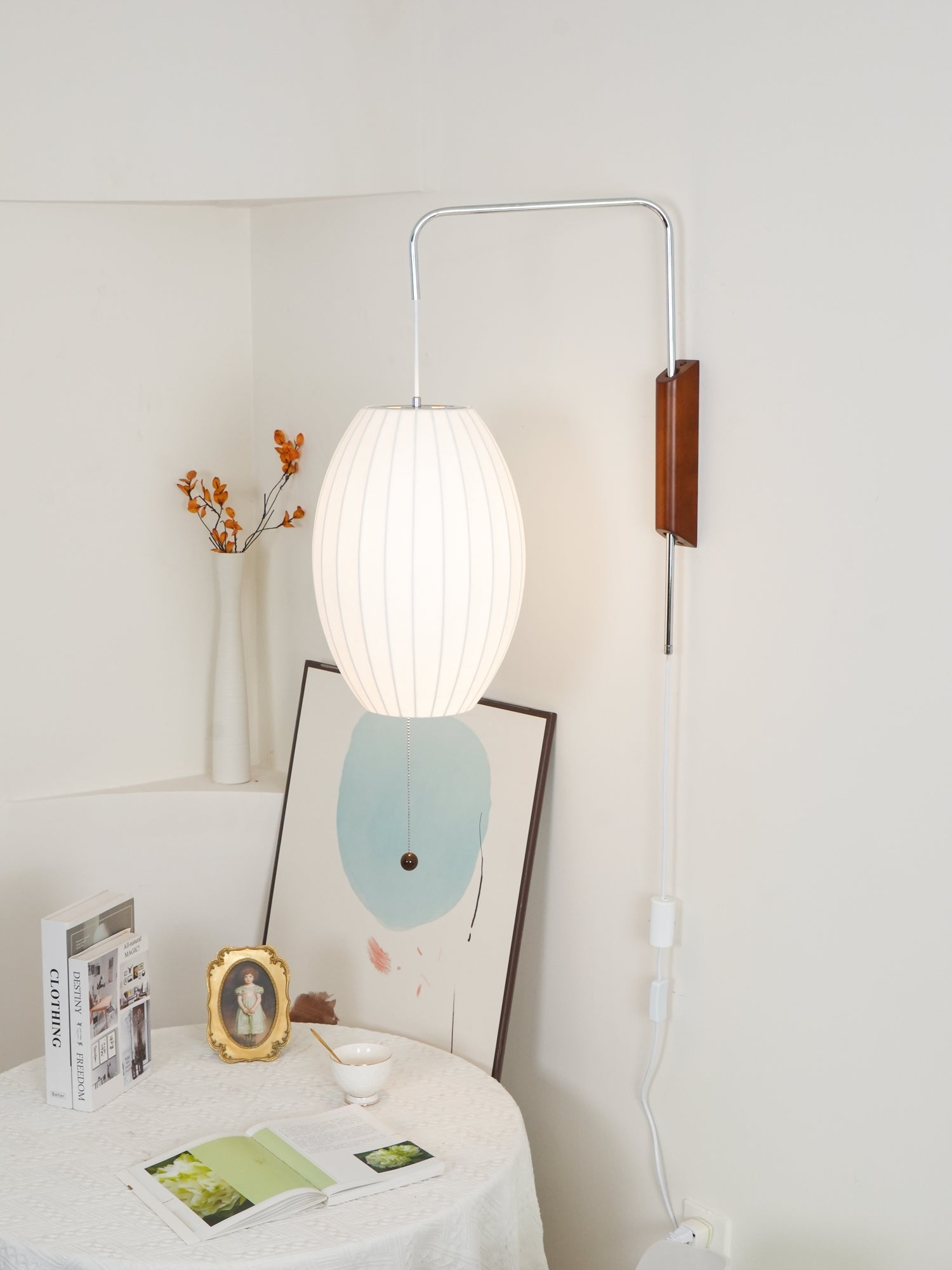 Wall Lamp Walnut Opal Shade 40.0 cm White Bedroom Living Room Plug In Reading Light Japandi Mid Century Accent Lighting | Thomler
