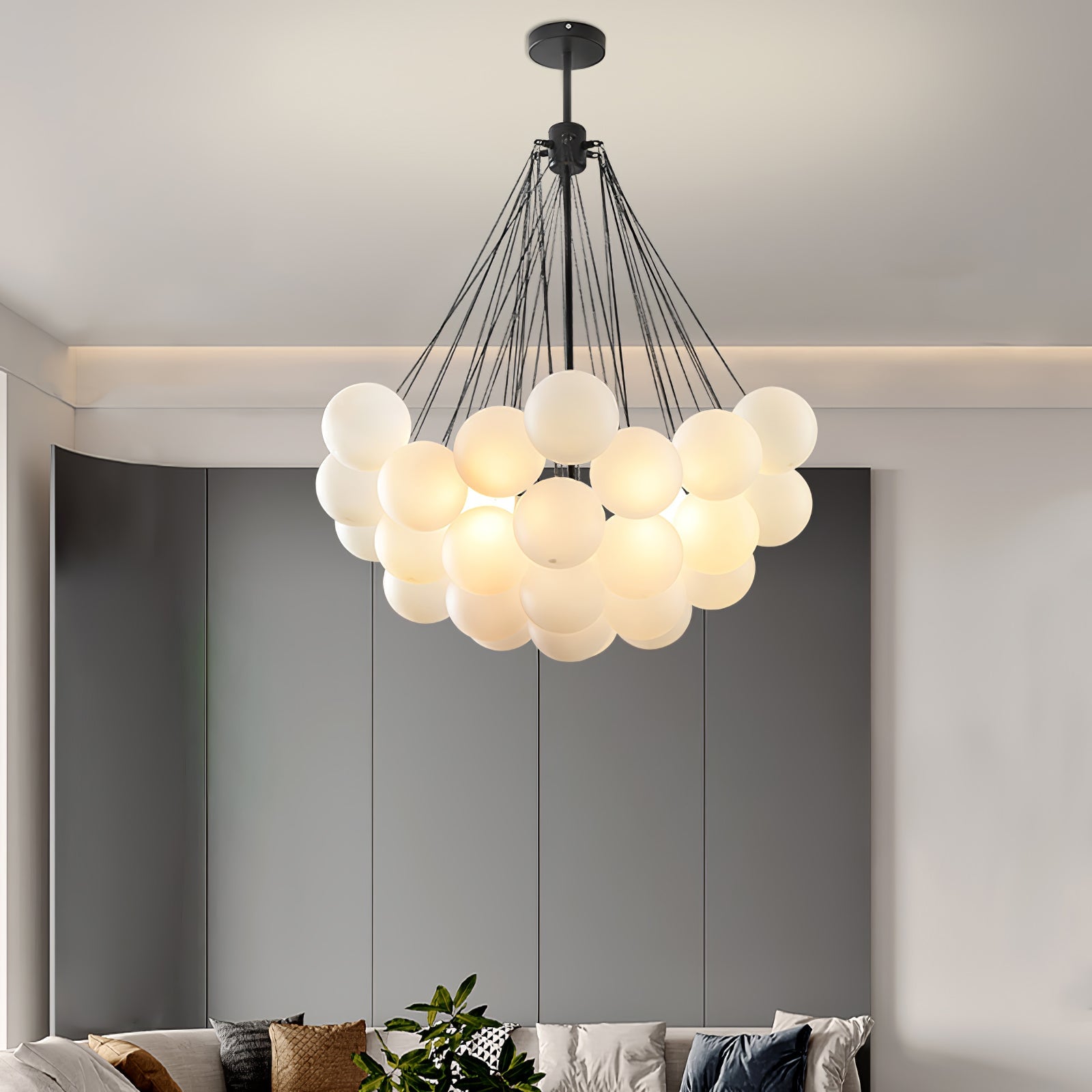 Frosted Glass Orb Chandelier 15.8 in x 33.5 in Indoor Ceiling Light 19-73 Heads Adjustable Modern Dining Room Living Room Pendant Fixture | Thomler