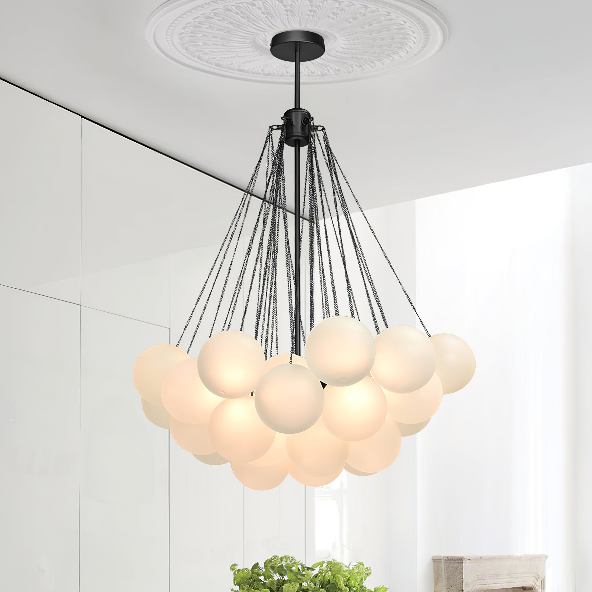 Frosted Glass Orb Chandelier 15.8 in x 33.5 in Indoor Ceiling Light 19-73 Heads Adjustable Modern Dining Room Living Room Pendant Fixture | Thomler