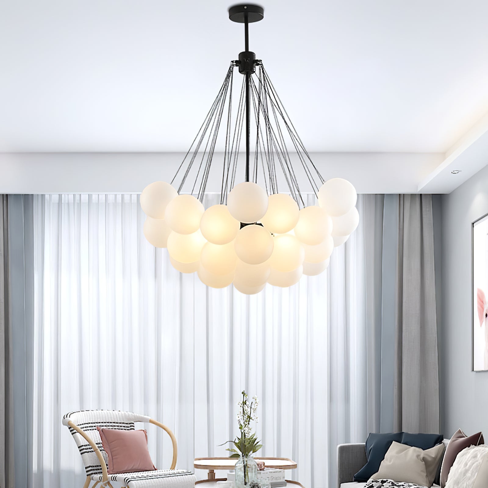 Frosted Glass Orb Chandelier 15.8 in x 33.5 in Indoor Ceiling Light 19-73 Heads Adjustable Modern Dining Room Living Room Pendant Fixture | Thomler