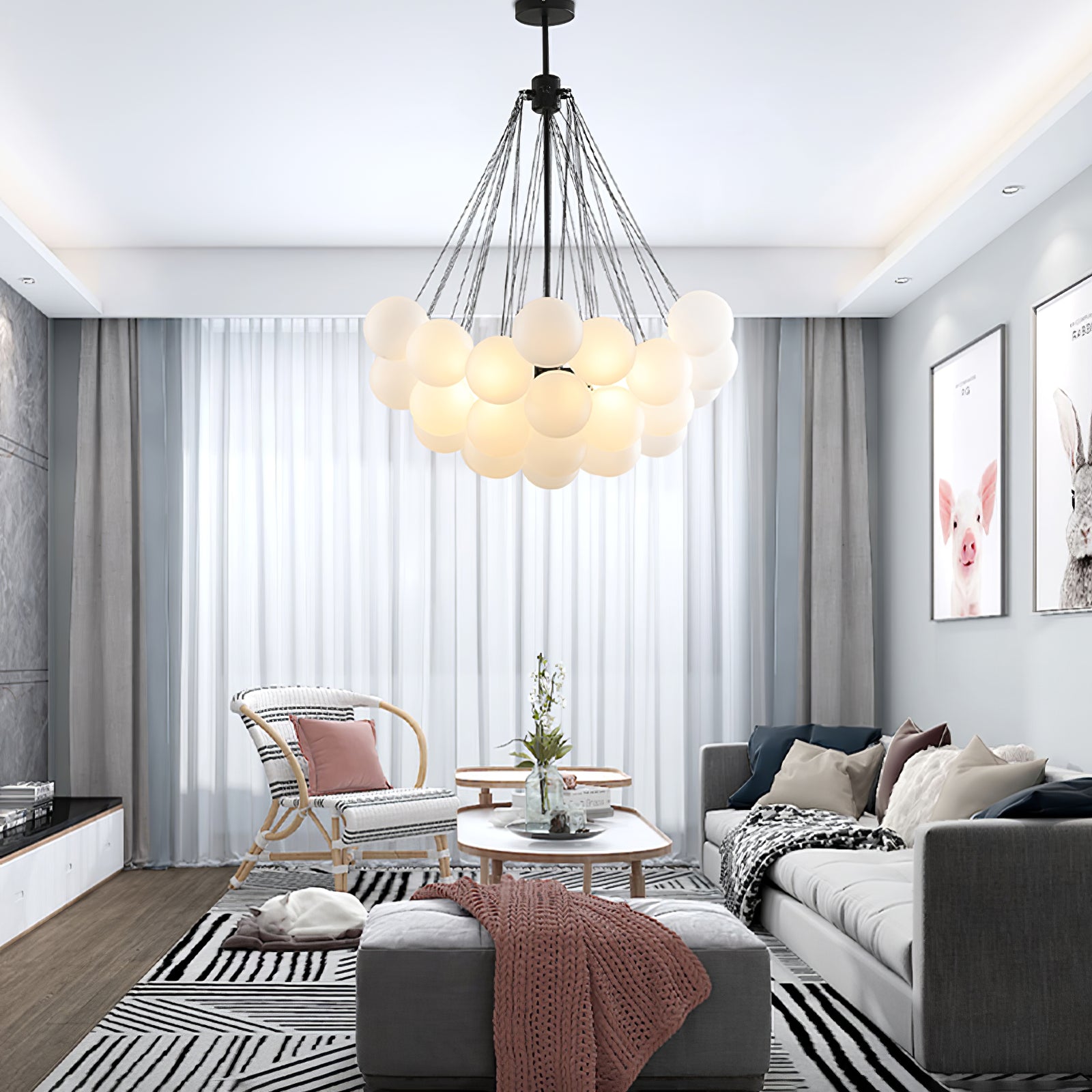 Frosted Glass Orb Chandelier 15.8 in x 33.5 in Indoor Ceiling Light 19-73 Heads Adjustable Modern Dining Room Living Room Pendant Fixture | Thomler