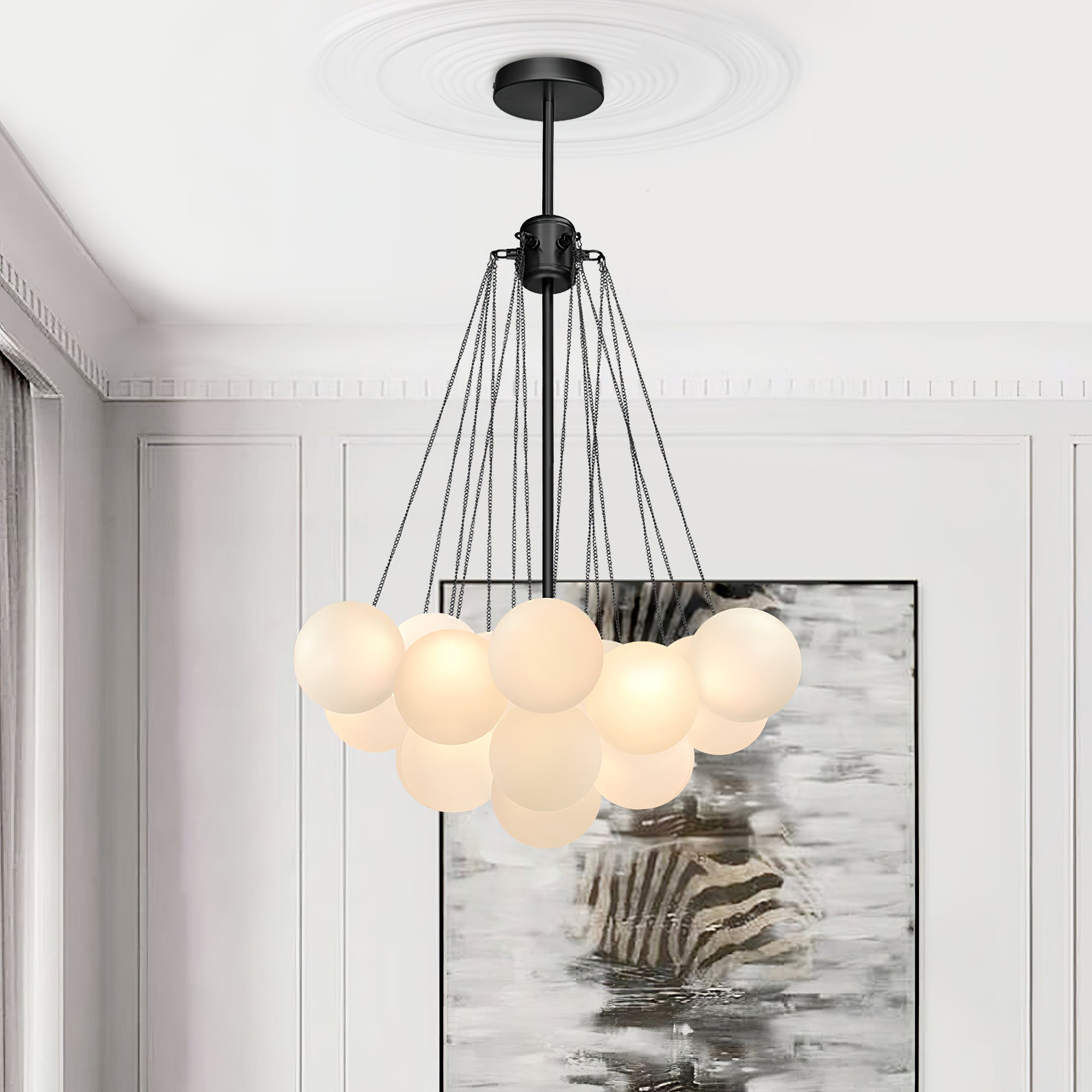 Frosted Glass Orb Chandelier 15.8 in x 33.5 in Indoor Ceiling Light 19-73 Heads Adjustable Modern Dining Room Living Room Pendant Fixture | Thomler