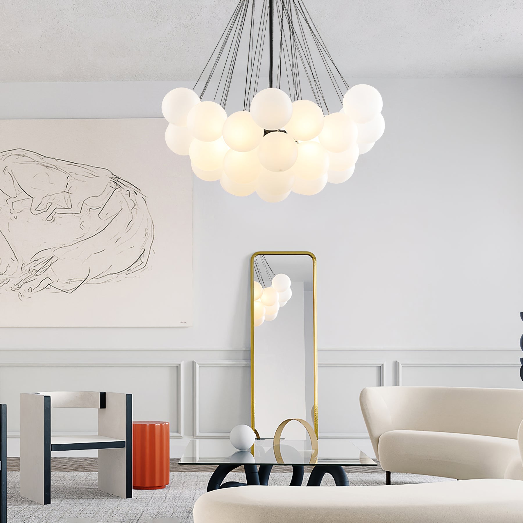 Frosted Glass Orb Chandelier 15.8 in x 33.5 in Indoor Ceiling Light 19-73 Heads Adjustable Modern Dining Room Living Room Pendant Fixture | Thomler