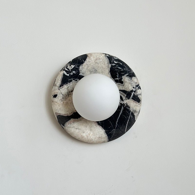 Round Glass Wall Sconce with Curved Marble Backplate for Living Room, Bedroom & Hallway – Hardwired Modern Indoor Light Fixture | Thomler