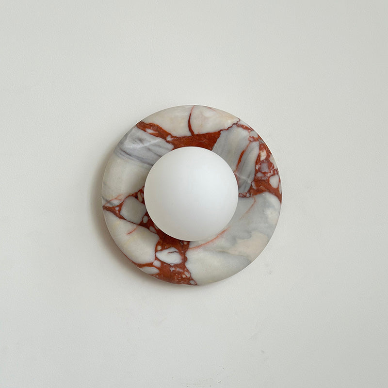 Round Glass Wall Sconce with Curved Marble Backplate for Living Room, Bedroom & Hallway – Hardwired Modern Indoor Light Fixture | Thomler
