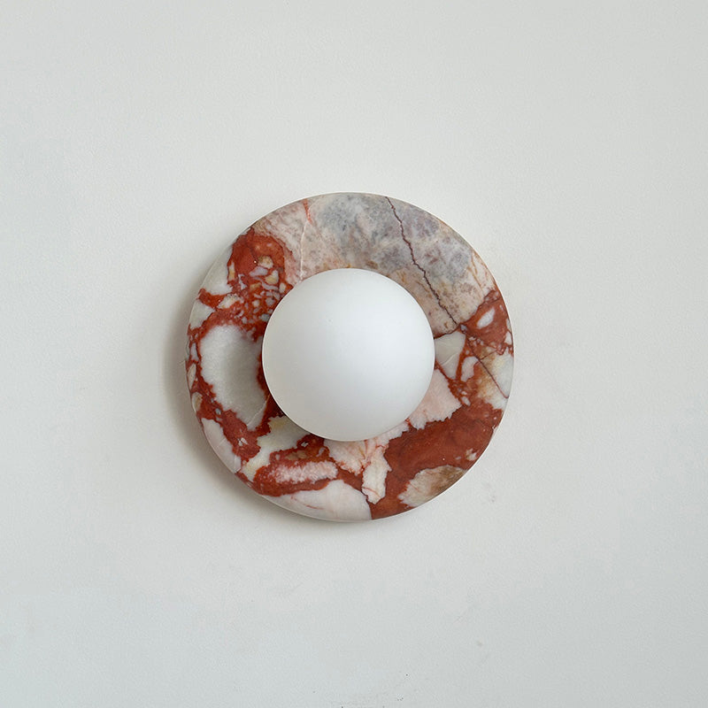 Round Glass Wall Sconce with Curved Marble Backplate for Living Room, Bedroom & Hallway – Hardwired Modern Indoor Light Fixture | Thomler