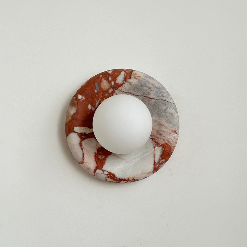 Round Glass Wall Sconce with Curved Marble Backplate for Living Room, Bedroom & Hallway – Hardwired Modern Indoor Light Fixture | Thomler