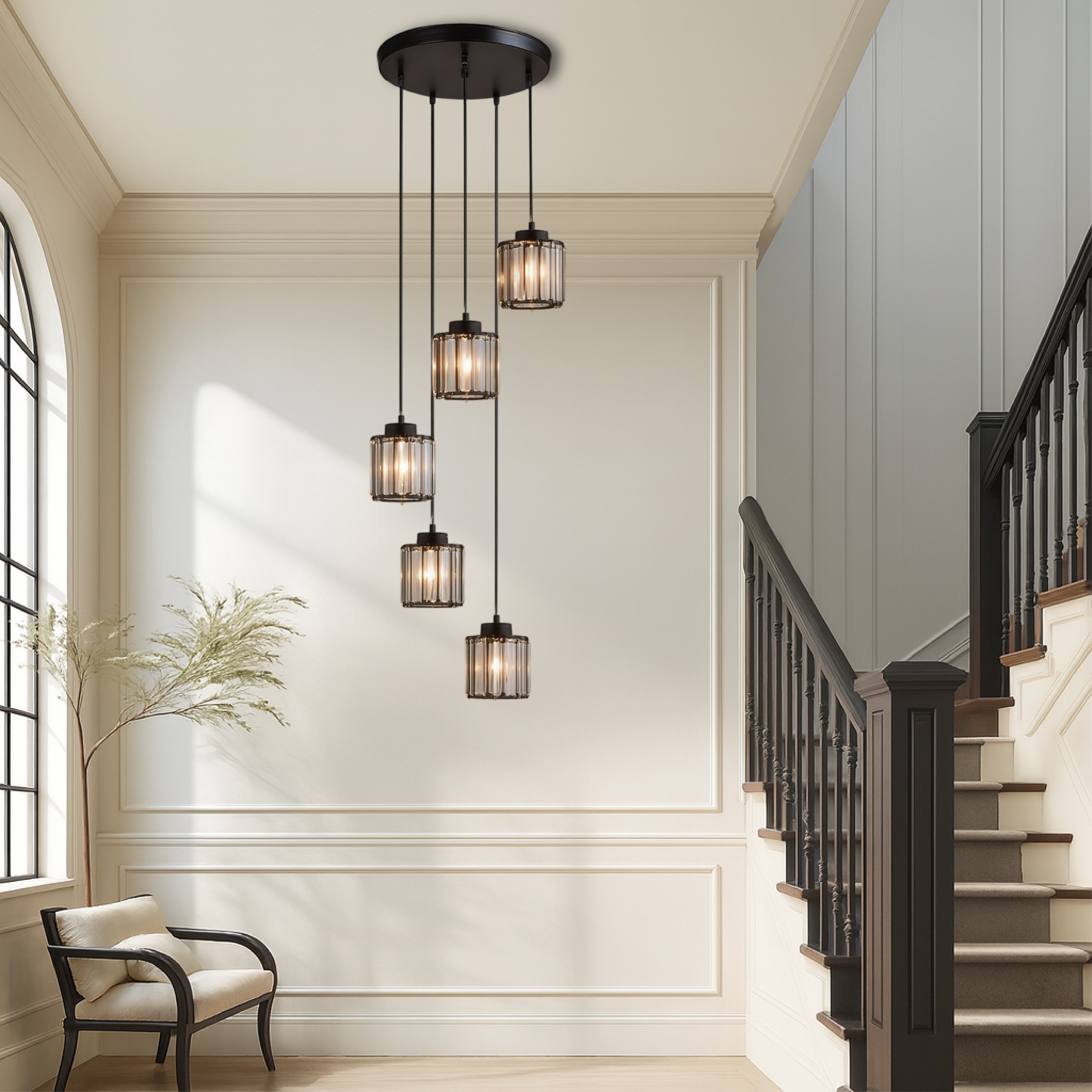 Pendant Light Glass Metal 13.0 cm x 15.0 cm Adjustable Black Staircase Foyer Hanging Chandelier 5-8 Tier Luxury Stair Lighting | Thomler