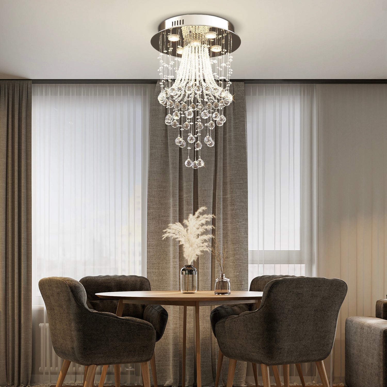 Chrome Ceiling Light with Cascading K9 Crystal Strands for Bedroom, Living Room & Hallway | 5-Light Flush Mount Fixture with GU10 Sockets | Thomler