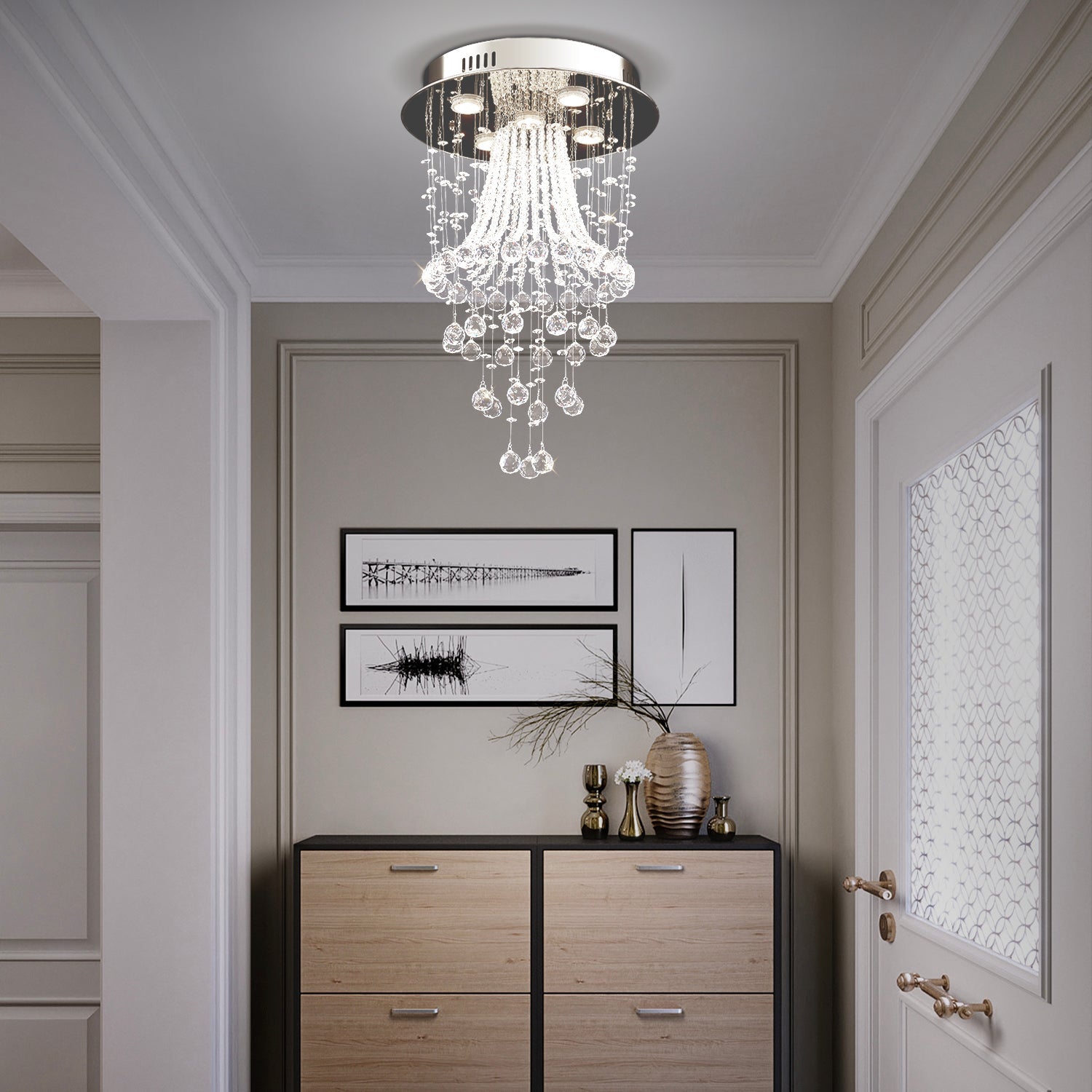 Chrome Ceiling Light with Cascading K9 Crystal Strands for Bedroom, Living Room & Hallway | 5-Light Flush Mount Fixture with GU10 Sockets | Thomler