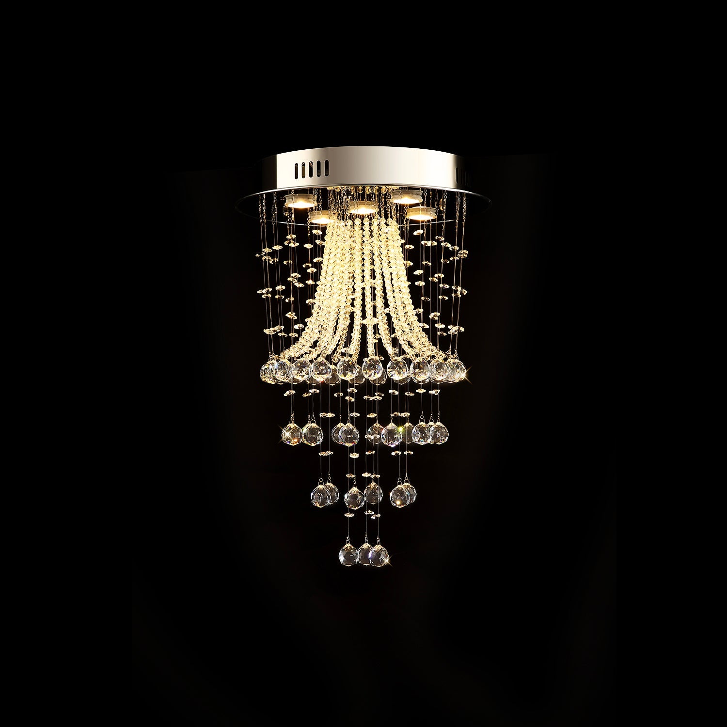 Chrome Ceiling Light with Cascading K9 Crystal Strands for Bedroom, Living Room & Hallway | 5-Light Flush Mount Fixture with GU10 Sockets | Thomler