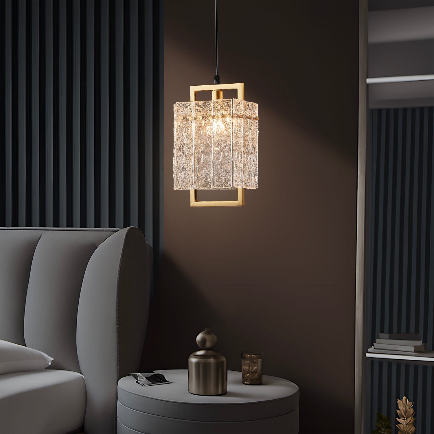 Square Cage Pendant Light Fixture with Textured Glass Shade & Gold Frame for Dining Room, Kitchen Island, Bedroom | Thomler