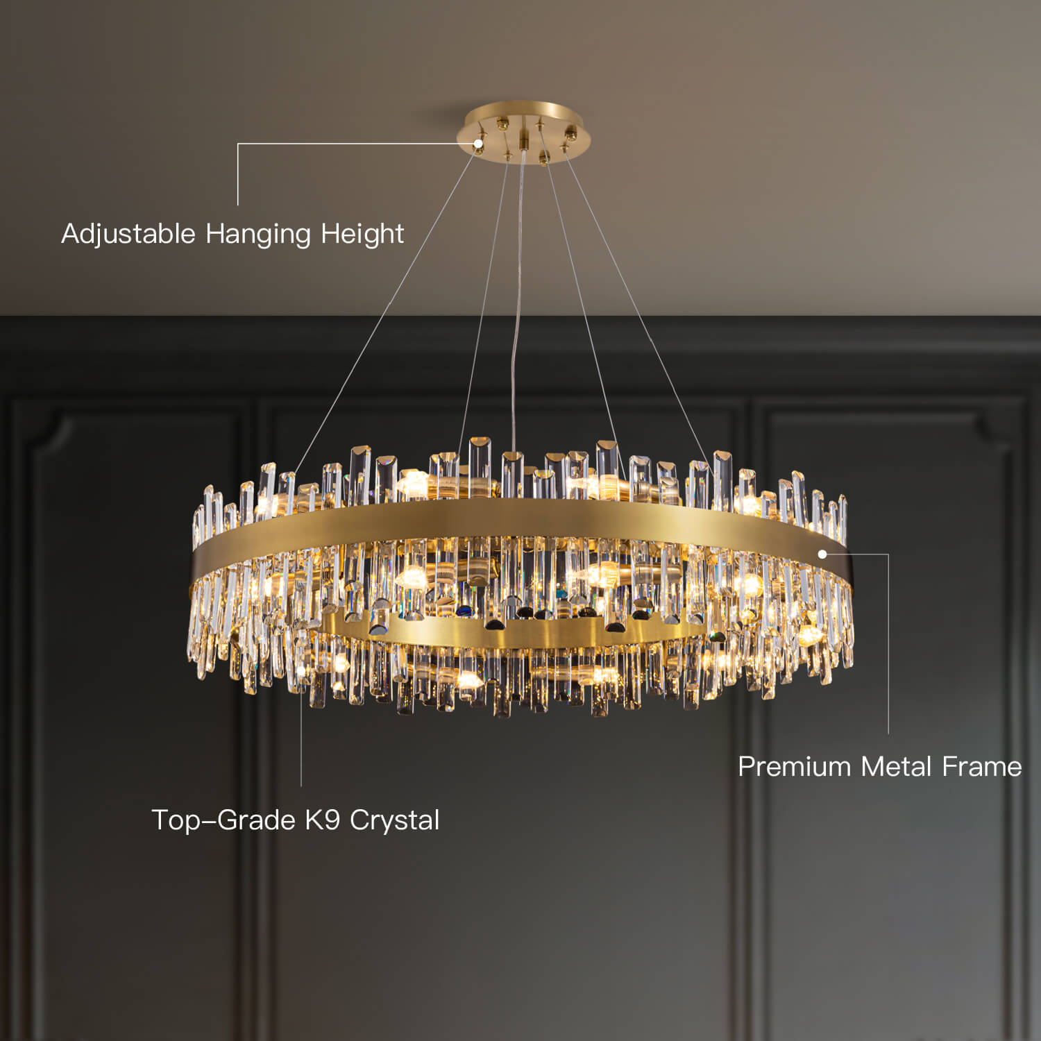 Crystal Round Chandelier Gold K9 19.7–39.4 in Dining Room Living Room Ceiling Light Luxury Pendant | Thomler
