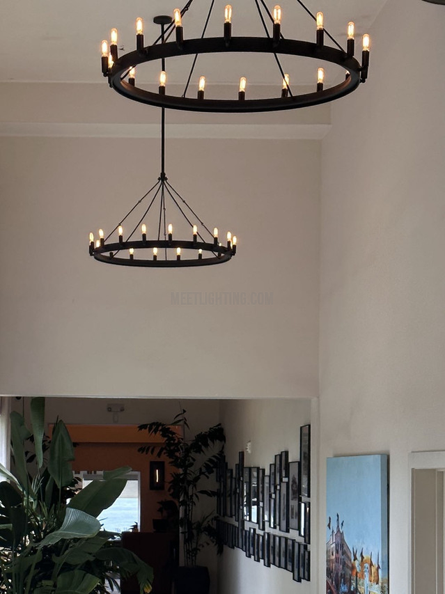 Two-Tier Statement Chandelier with Candelabra Bulbs for Dining Room & Foyer – Handcrafted Iron Rings, 30-66 LED Lights, Vintage Industrial | Thomler