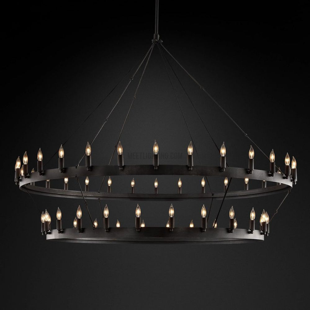 Two-Tier Statement Chandelier with Candelabra Bulbs for Dining Room & Foyer – Handcrafted Iron Rings, 30-66 LED Lights, Vintage Industrial | Thomler