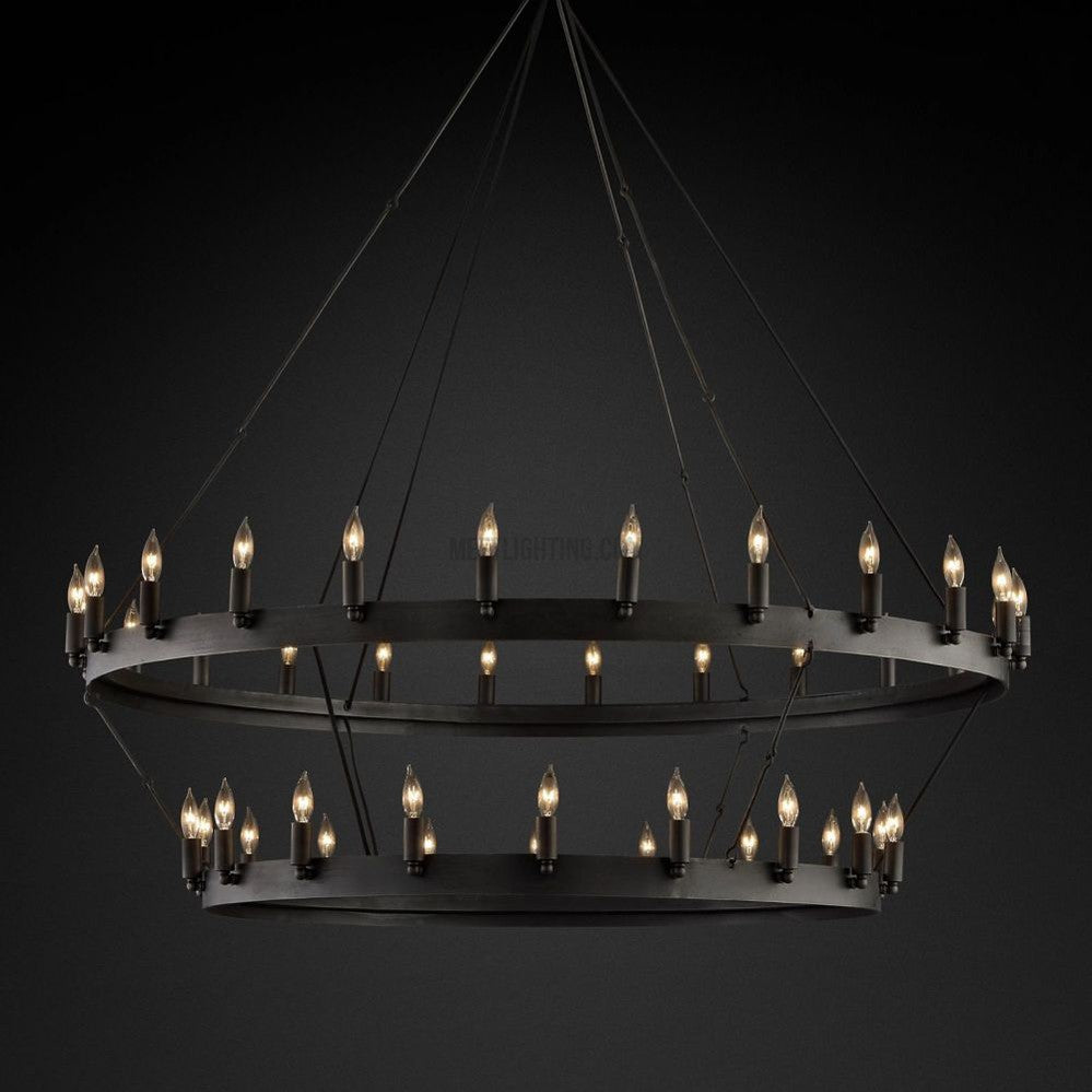 Two-Tier Statement Chandelier with Candelabra Bulbs for Dining Room & Foyer – Handcrafted Iron Rings, 30-66 LED Lights, Vintage Industrial | Thomler