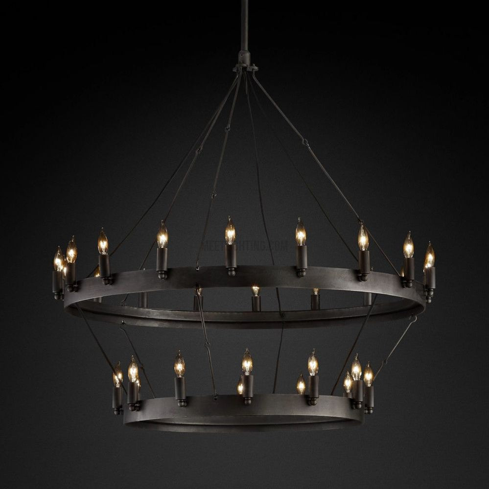 Two-Tier Statement Chandelier with Candelabra Bulbs for Dining Room & Foyer – Handcrafted Iron Rings, 30-66 LED Lights, Vintage Industrial | Thomler