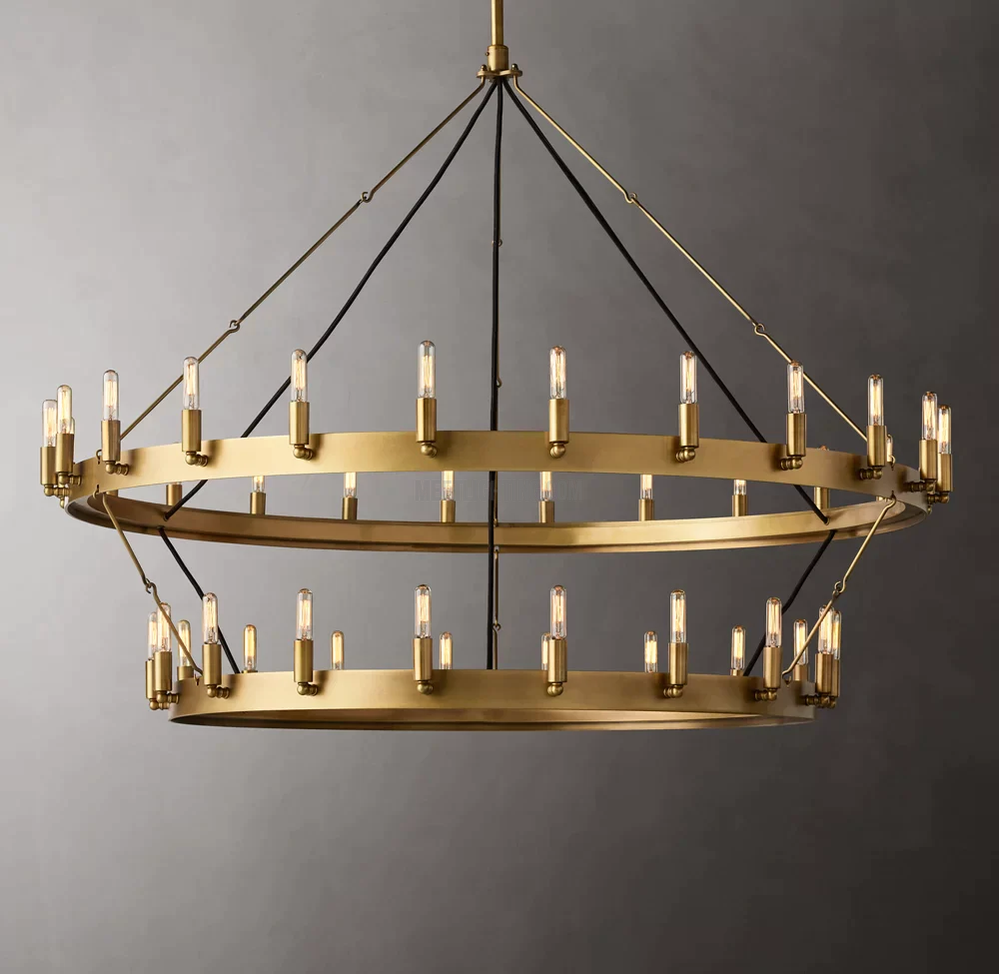 Two-Tier Statement Chandelier with Candelabra Bulbs for Dining Room & Foyer – Handcrafted Iron Rings, 30-66 LED Lights, Vintage Industrial | Thomler